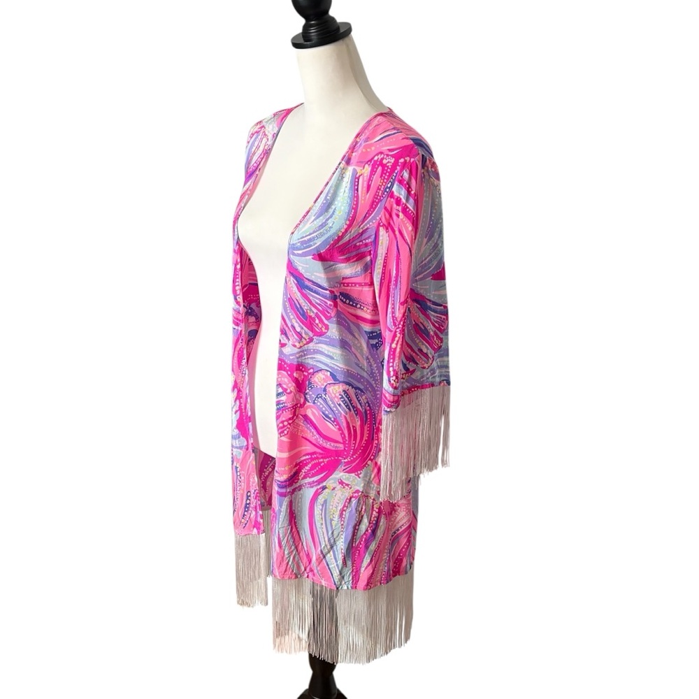 Lilly Pulitzer Noelle 100% Silk Kimono S/M Magenta Oh My Guava Fringe Open 24260